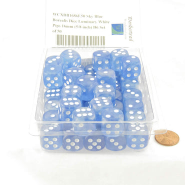 WCXDB1686E50 Sky Blue Borealis Dice Luminary White Pips 16mm (5/8 inch) D6 Set of 50 (ONLINE ORDER ONLY)
