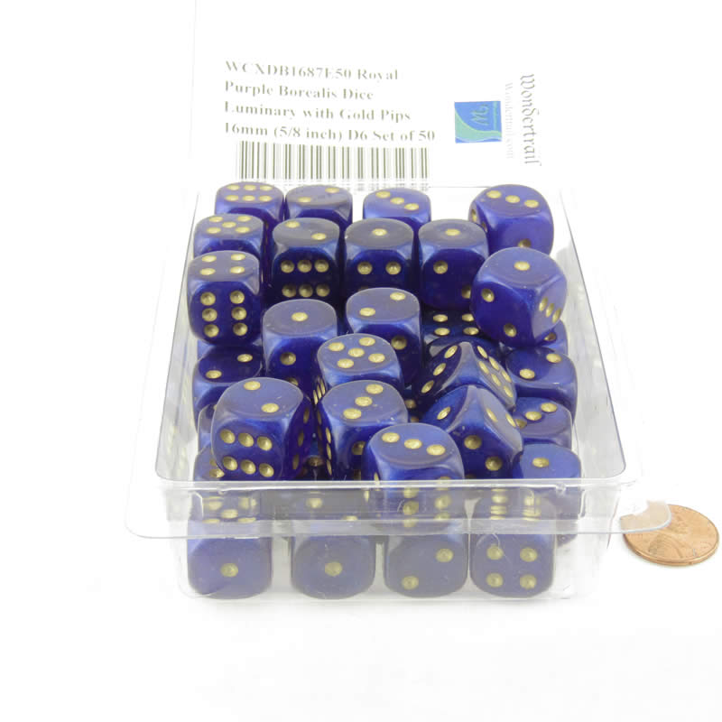 WCXDB1687E50 Royal Purple Borealis Dice Luminary with Gold Pips 16mm (5/8 inch) D6 Set of 50 (ONLINE ORDER ONLY)