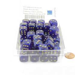 WCXDB1687E50 Royal Purple Borealis Dice Luminary with Gold Pips 16mm (5/8 inch) D6 Set of 50 (ONLINE ORDER ONLY)