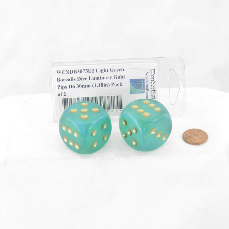WCXDB3075E2 Light Green Borealis Dice Luminary Gold Pips D6 30mm (1.18in) Pack of 2 (ONLINE ORDER ONLY)