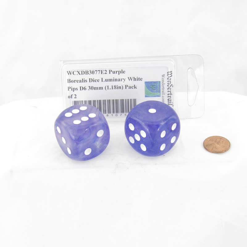 WCXDB3077E2 Purple Borealis Dice Luminary White Pips D6 30mm (1.18in) Pack of 2 (ONLINE ORDER ONLY)