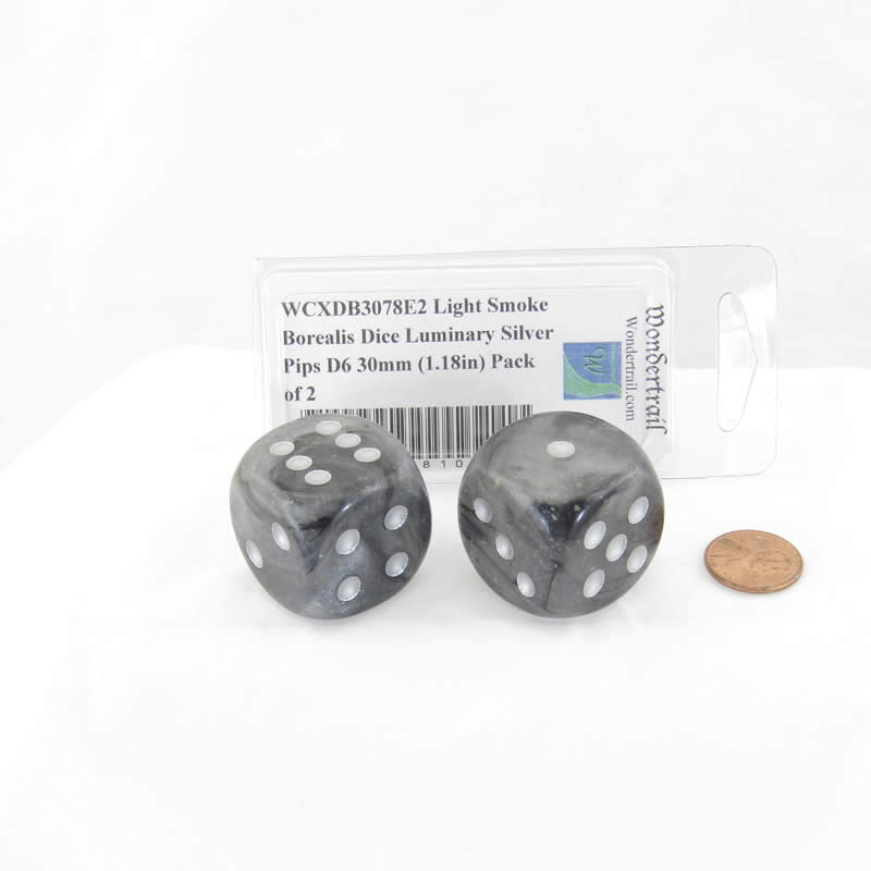 WCXDB3078E2 Light Smoke Borealis Dice Luminary Silver Pips D6 30mm (1.18in) Pack of 2 (ONLINE ORDER ONLY)