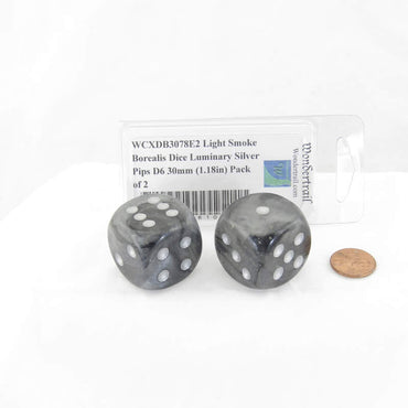 WCXDB3078E2 Light Smoke Borealis Dice Luminary Silver Pips D6 30mm (1.18in) Pack of 2 (ONLINE ORDER ONLY)