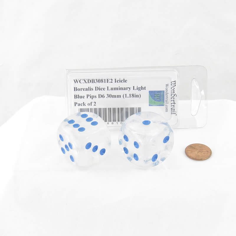 WCXDB3081E2 Icicle Borealis Dice Luminary Light Blue Pips D6 30mm (1.18in) Pack of 2 (ONLINE ORDER ONLY)