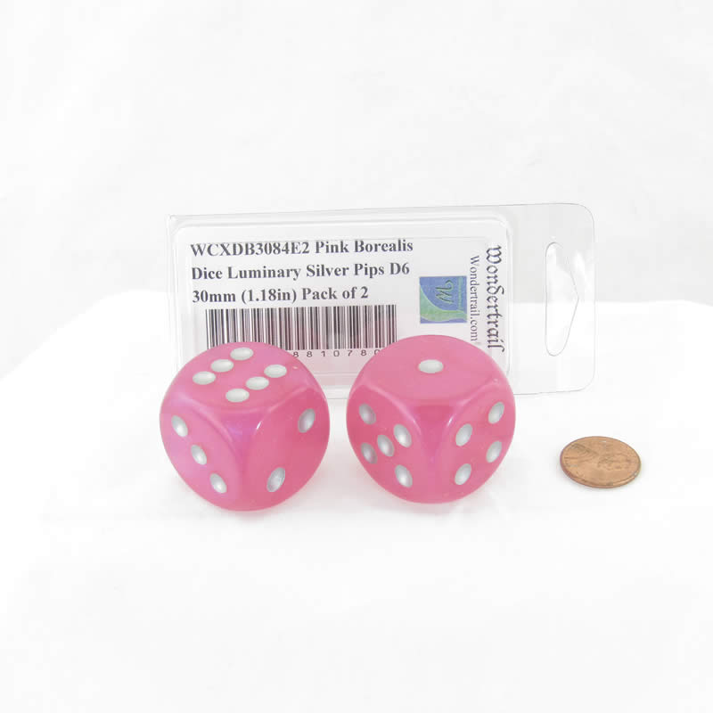 WCXDB3084E2 Pink Borealis Dice Luminary Silver Pips D6 30mm (1.18in) Pack of 2 (ONLINE ORDER ONLY)