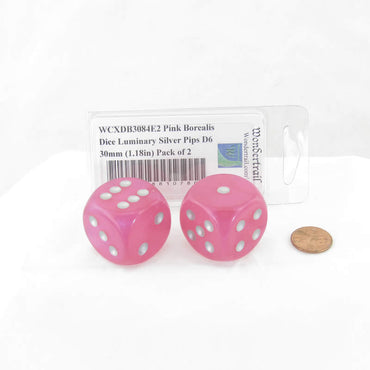 WCXDB3084E2 Pink Borealis Dice Luminary Silver Pips D6 30mm (1.18in) Pack of 2 (ONLINE ORDER ONLY)
