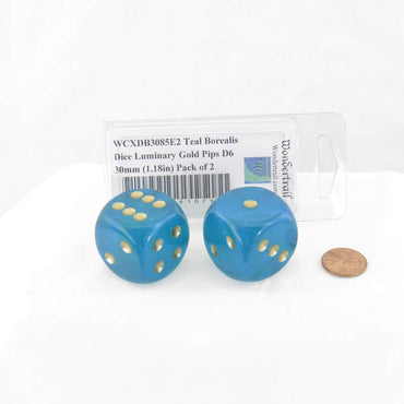 WCXDB3085E2 Teal Borealis Dice Luminary Gold Pips D6 30mm (1.18in) Pack of 2 (ONLINE ORDER ONLY)