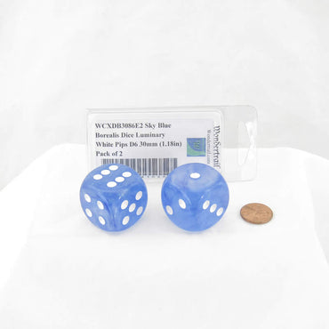 WCXDB3086E2 Sky Blue Borealis Dice Luminary White Pips D6 30mm (1.18in) Pack of 2 (ONLINE ORDER ONLY)