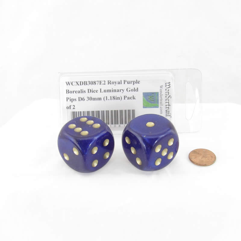 WCXDB3087E2 Royal Purple Borealis Dice Luminary Gold Pips D6 30mm (1.18in) Pack of 2 (ONLINE ORDER ONLY)