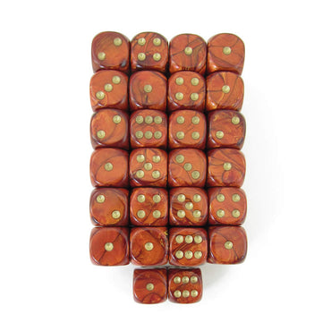 WCXDC1604E50 Scarlet Scarab Dice Gold Pips 16mm (5/8in) D6 Pack of 50 (ONLINE ORDER ONLY)