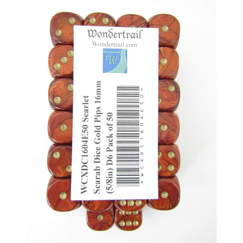 WCXDC1604E50 Scarlet Scarab Dice Gold Pips 16mm (5/8in) D6 Pack of 50 (ONLINE ORDER ONLY)