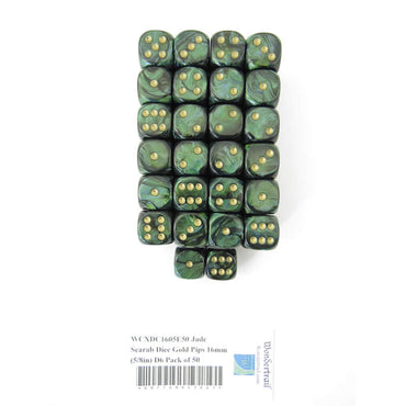WCXDC1605E50 Jade Scarab Dice Gold Pips 16mm (5/8in) D6 Pack of 50 (ONLINE ORDER ONLY)
