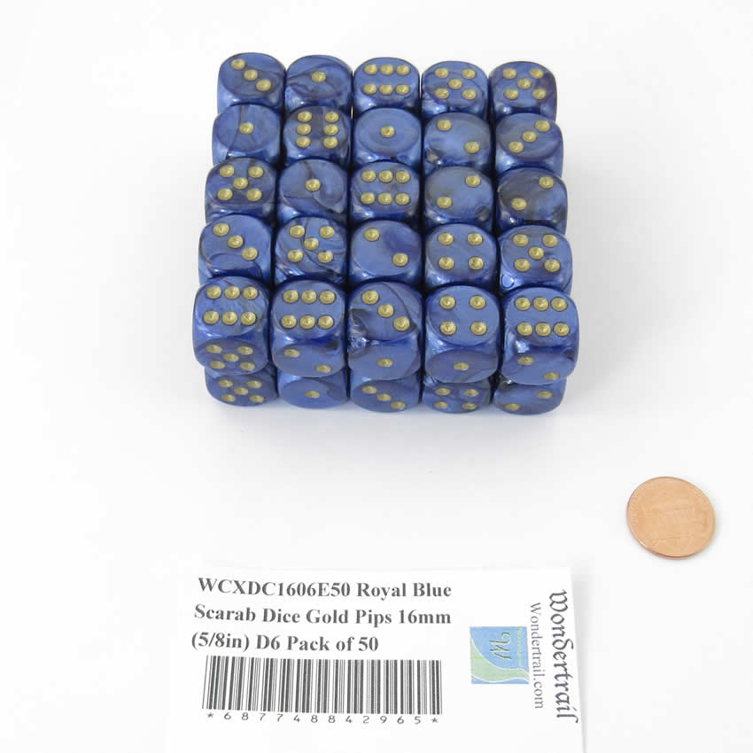 WCXDC1606E50 Royal Blue Scarab Dice Gold Pips 16mm (5/8in) D6 Pack of 50 (ONLINE ORDER ONLY)