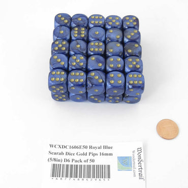 WCXDC1606E50 Royal Blue Scarab Dice Gold Pips 16mm (5/8in) D6 Pack of 50 (ONLINE ORDER ONLY)
