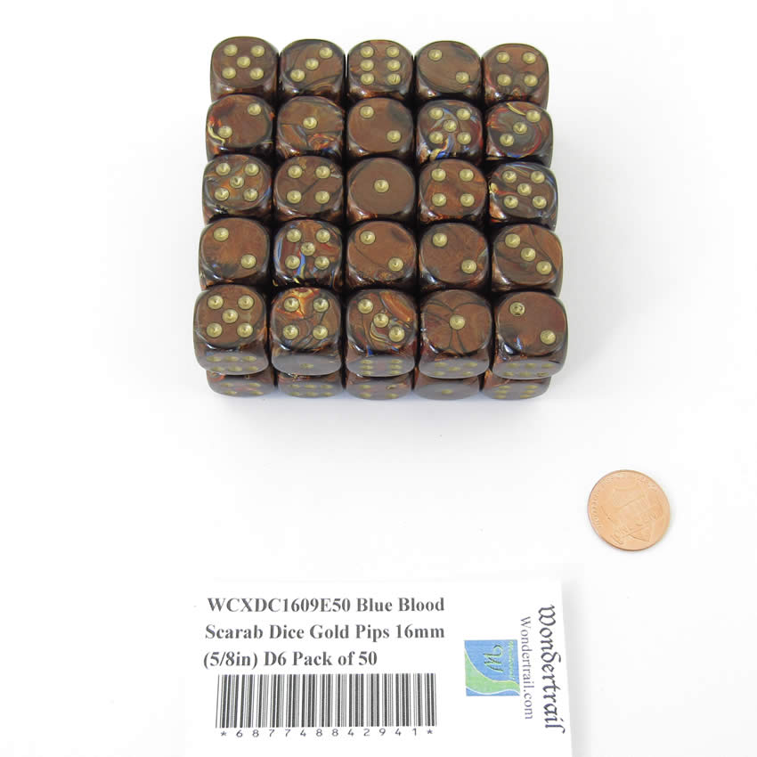 WCXDC1609E50 Blue Blood Scarab Dice Gold Pips 16mm (5/8in) D6 Pack of 50 (ONLINE ORDER ONLY)