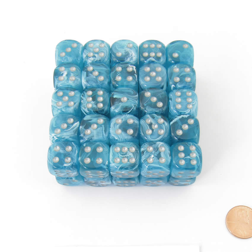 WCXDC1655E50 Aqua Cirrus Dice Silver Pips 16mm (5/8in) D6 Pack of 50 (ONLINE ORDER ONLY)