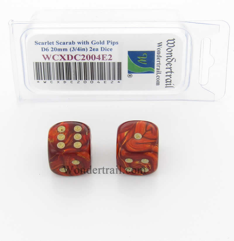 WCXDC2004E2 Scarlet Scarab Dice Gold Pips 20mm (3/4in) D6 Pack of 2 (ONLINE ORDER ONLY)