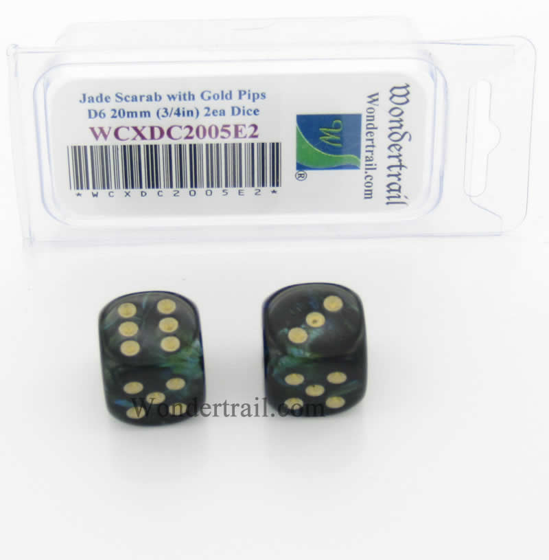 WCXDC2005E2 Jade Scarab Dice with Gold Pips 20mm (3/4in) D6 Pack of 2 (ONLINE ORDER ONLY)