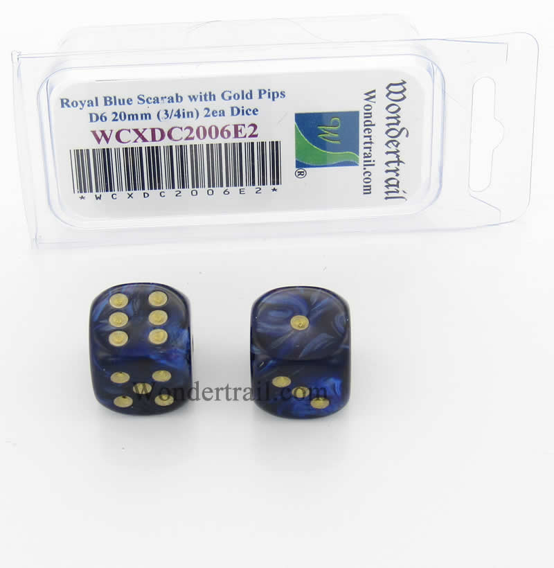 WCXDC2006E2 Royal Blue Scarab Dice Gold Pips 20mm D6 Pack of 2 (ONLINE ORDER ONLY)