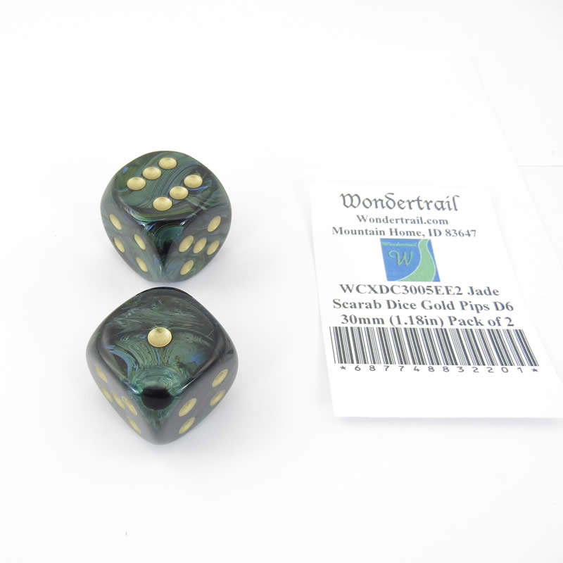 WCXDC3005EE2 Jade Scarab Dice Gold Pips D6 30mm (1.18in) Pack of 2 (ONLINE ORDER ONLY)