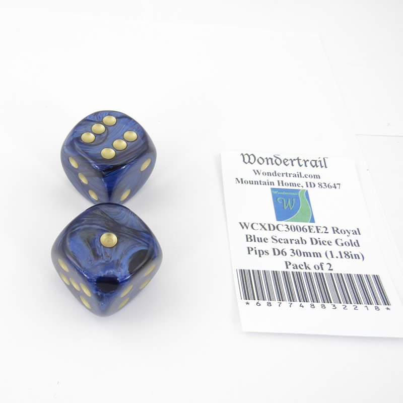 WCXDC3006EE2 Royal Blue Scarab Dice Gold Pips D6 30mm (1.18in) Pack of 2 (ONLINE ORDER ONLY)