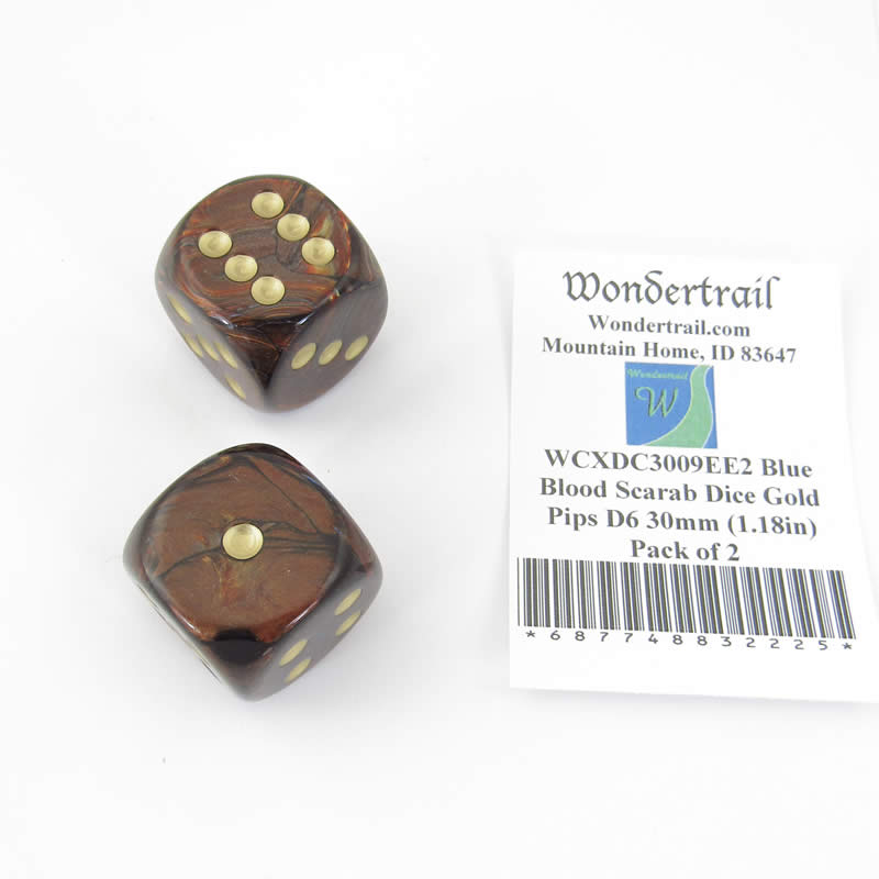 WCXDC3009EE2 Blue Blood Scarab Dice Gold Pips D6 30mm (1.18in) Pack of 2 (ONLINE ORDER ONLY)