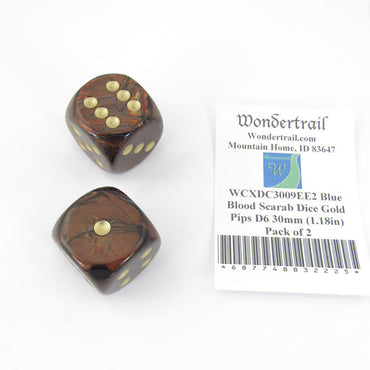 WCXDC3009EE2 Blue Blood Scarab Dice Gold Pips D6 30mm (1.18in) Pack of 2 (ONLINE ORDER ONLY)