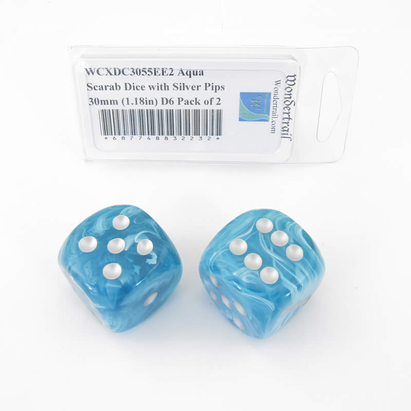WCXDC3055EE2 Aqua Scarab Dice with Silver Pips 30mm (1.18in) D6 Pack of 2 (ONLINE ORDER ONLY)