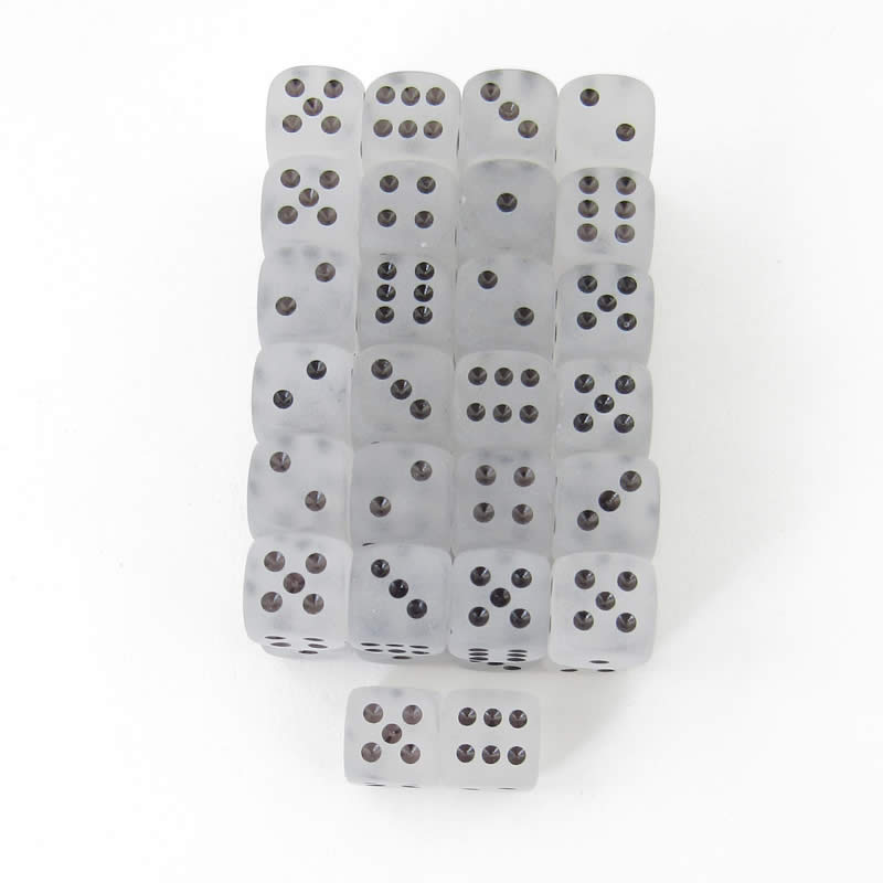 WCXDF1201E50 Clear Frosted Dice Black Pips 12mm (1/2in) D6 Pack of 50 (ONLINE ORDER ONLY)