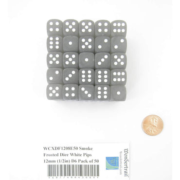 WCXDF1208E50 Smoke Frosted Dice White Pips 12mm (1/2in) D6 Pack of 50 (ONLINE ORDER ONLY)