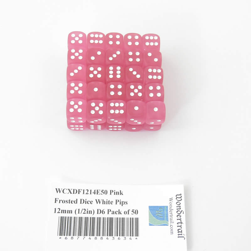 WCXDF1214E50 Pink Frosted Dice White Pips 12mm (1/2in) D6 Pack of 50 (ONLINE ORDER ONLY)