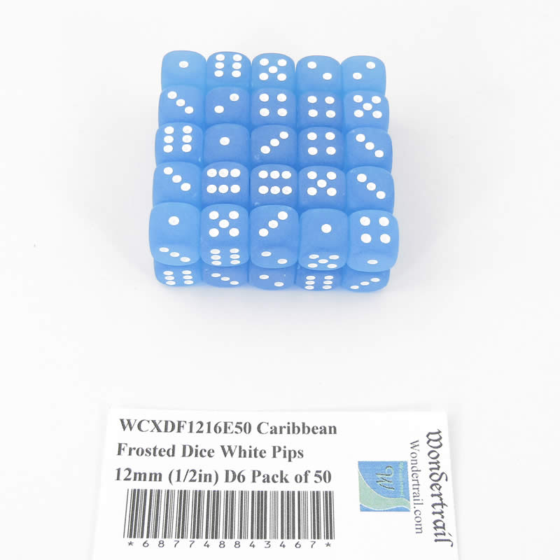 WCXDF1216E50 Caribbean Frosted Dice White Pips 12mm (1/2in) D6 Pack of 50 (ONLINE ORDER ONLY)
