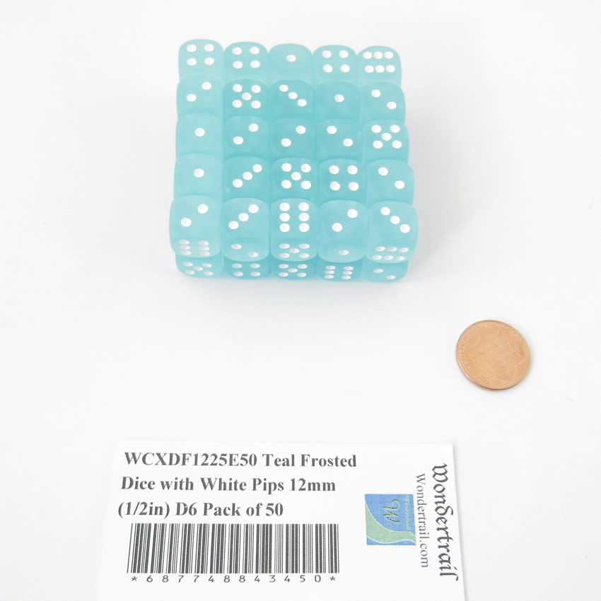 WCXDF1225E50 Teal Frosted Dice with White Pips 12mm (1/2in) D6 Pack of 50 (ONLINE ORDER ONLY)