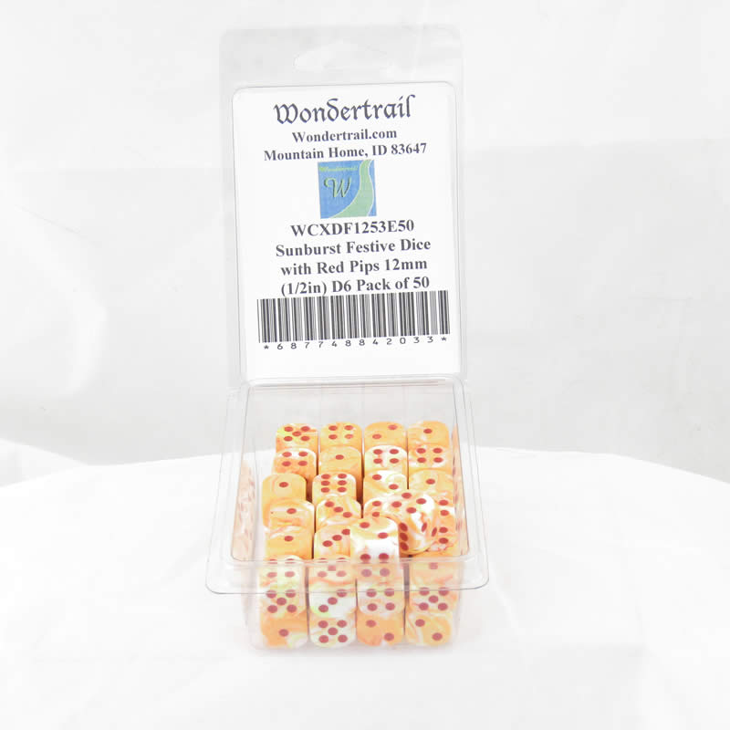 WCXDF1253E50 Sunburst Festive Dice with Red Pips 12mm (1/2in) D6 Pack of 50 (ONLINE ORDER ONLY)