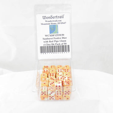 WCXDF1253E50 Sunburst Festive Dice with Red Pips 12mm (1/2in) D6 Pack of 50 (ONLINE ORDER ONLY)
