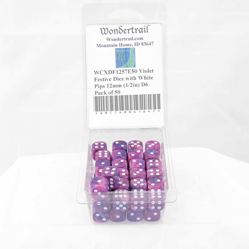 WCXDF1257E50 Violet Festive Dice with White Pips 12mm (1/2in) D6 Pack of 50 (ONLINE ORDER ONLY)