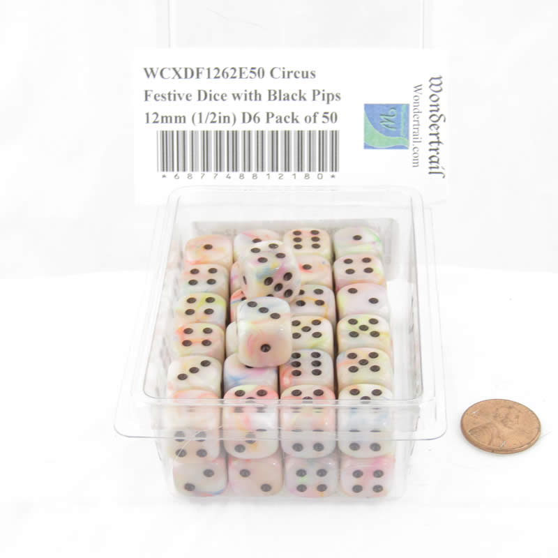 WCXDF1262E50 Circus Festive Dice with Black Pips 12mm (1/2in) D6 Pack of 50 (ONLINE ORDER ONLY)