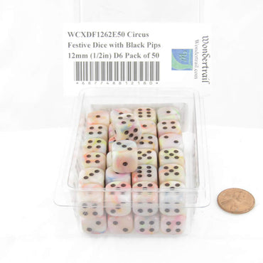 WCXDF1262E50 Circus Festive Dice with Black Pips 12mm (1/2in) D6 Pack of 50 (ONLINE ORDER ONLY)