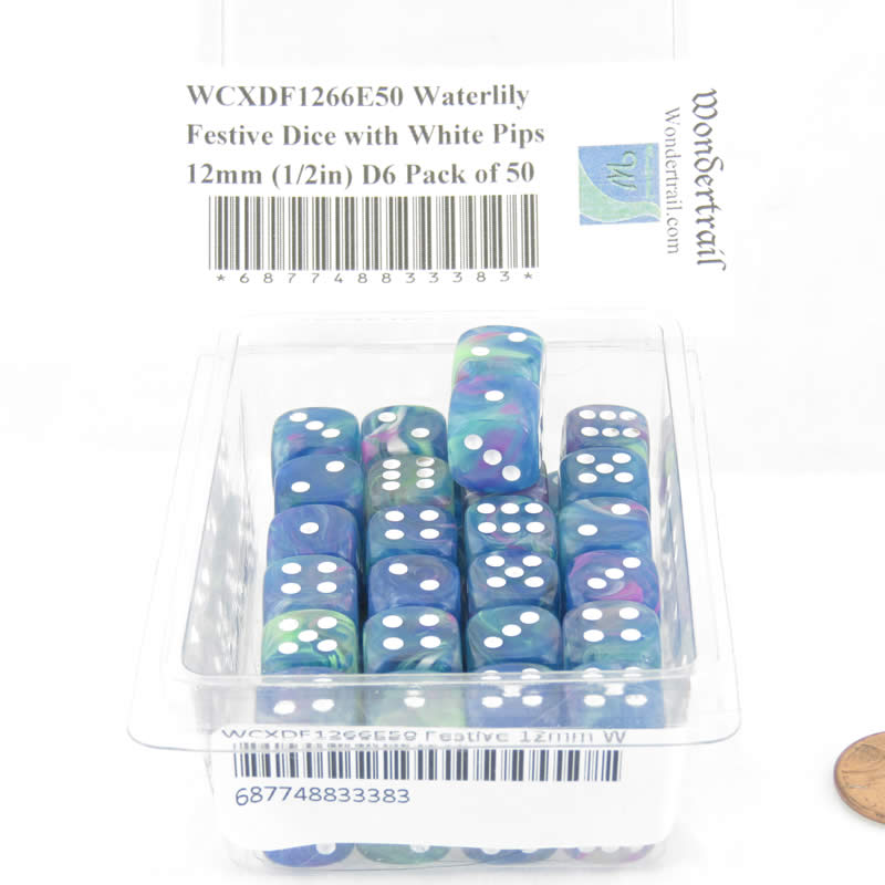 WCXDF1266E50 Waterlily Festive Dice with White Pips 12mm (1/2in) D6 Pack of 50 (ONLINE ORDER ONLY)