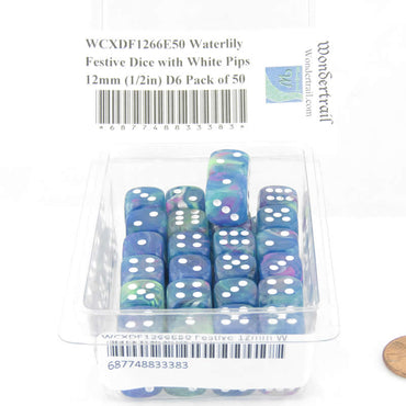 WCXDF1266E50 Waterlily Festive Dice with White Pips 12mm (1/2in) D6 Pack of 50 (ONLINE ORDER ONLY)