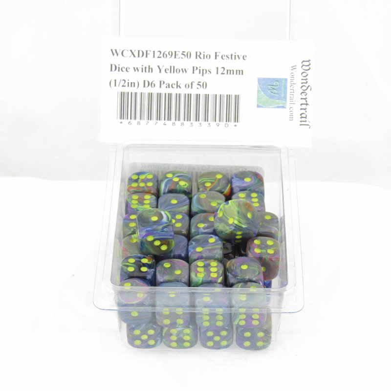 WCXDF1269E50 Rio Festive Dice with Yellow Pips 12mm (1/2in) D6 Pack of 50 (ONLINE ORDER ONLY)