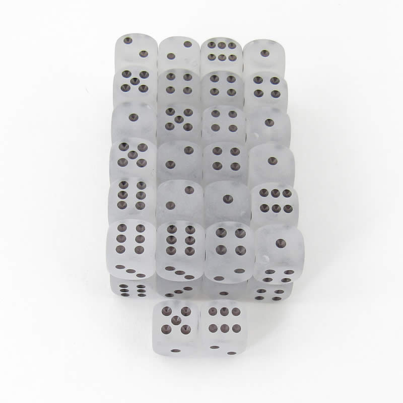 WCXDF1601E50 Clear Frosted Dice Black Pips 16mm (5/8in) D6 Pack of 50 (ONLINE ORDER ONLY)