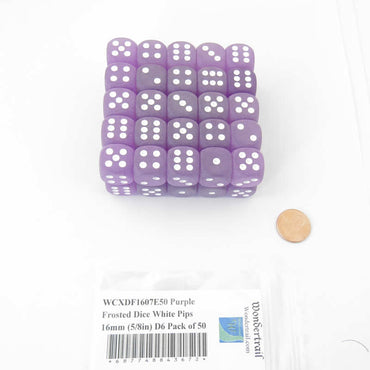 WCXDF1607E50 Purple Frosted Dice White Pips 16mm (5/8in) D6 Pack of 50 (ONLINE ORDER ONLY)