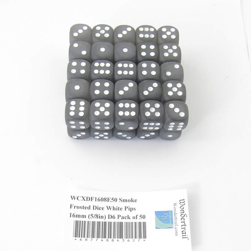 WCXDF1608E50 Smoke Frosted Dice White Pips 16mm (5/8in) D6 Pack of 50 (ONLINE ORDER ONLY)