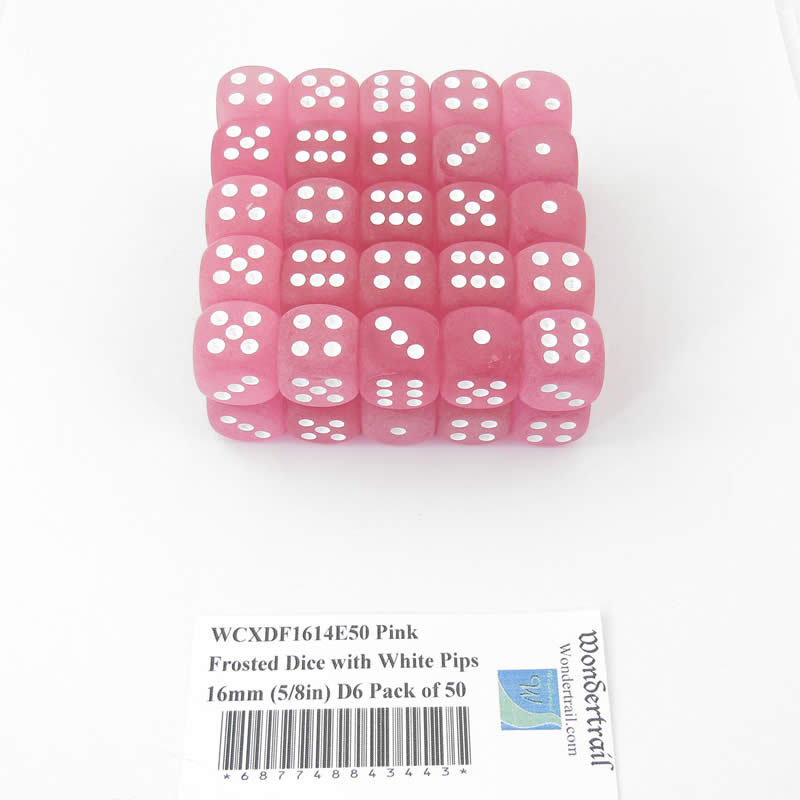 WCXDF1614E50 Pink Frosted Dice with White Pips 16mm (5/8in) D6 Pack of 50 (ONLINE ORDER ONLY)