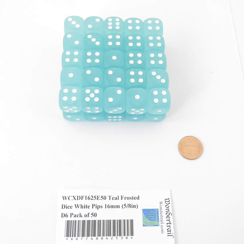 WCXDF1625E50 Teal Frosted Dice White Pips 16mm (5/8in) D6 Pack of 50 (ONLINE ORDER ONLY)