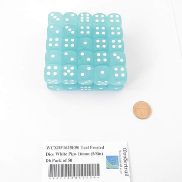 WCXDF1625E50 Teal Frosted Dice White Pips 16mm (5/8in) D6 Pack of 50 (ONLINE ORDER ONLY)