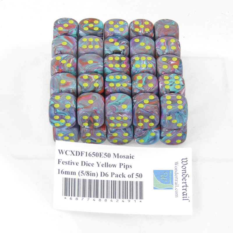 WCXDF1650E50 Mosaic Festive Dice Yellow Pips 16mm (5/8in) D6 Pack of 50 (ONLINE ORDER ONLY)