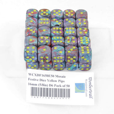 WCXDF1650E50 Mosaic Festive Dice Yellow Pips 16mm (5/8in) D6 Pack of 50 (ONLINE ORDER ONLY)