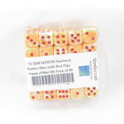 WCXDF1653E50 Sunburst Festive Dice with Red Pips 16mm (5/8in) D6 Pack of 50 (ONLINE ORDER ONLY)